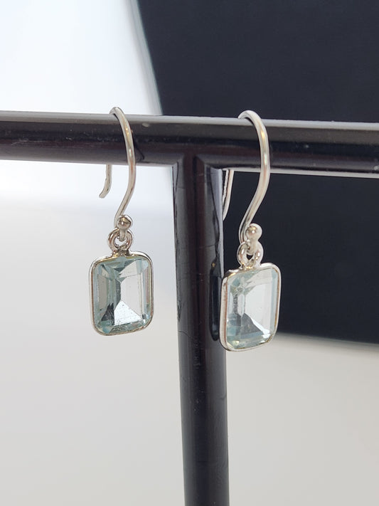 Sterling Silver Blue Topaz Emerald Cut French Wire Dangle Earrings